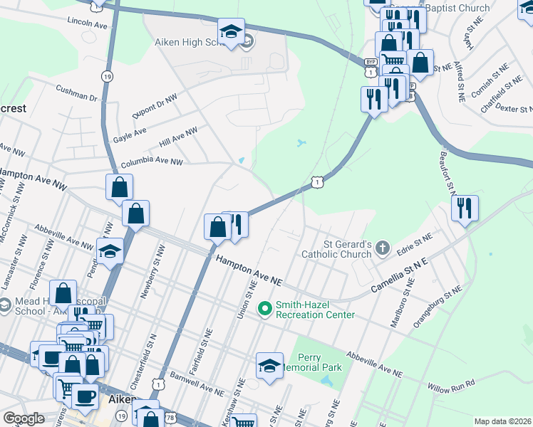 map of restaurants, bars, coffee shops, grocery stores, and more near 648 York Street Northeast in Aiken