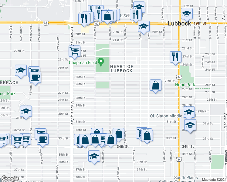 map of restaurants, bars, coffee shops, grocery stores, and more near 2219 27th Street in Lubbock