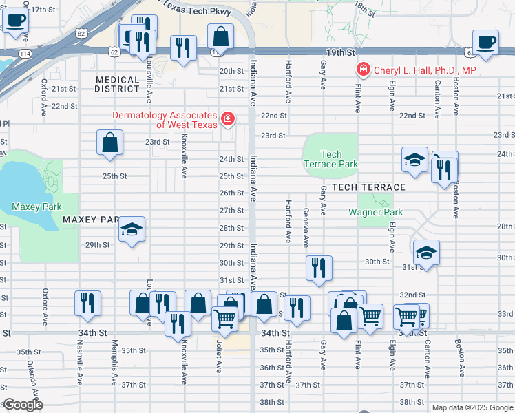 map of restaurants, bars, coffee shops, grocery stores, and more near 3320 27th Street in Lubbock