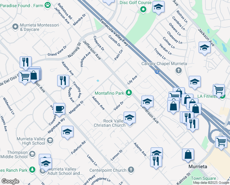 map of restaurants, bars, coffee shops, grocery stores, and more near 24096 Doeskin Court in Murrieta