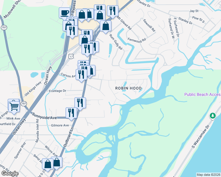 map of restaurants, bars, coffee shops, grocery stores, and more near 3573 County Road S-22-272 in Murrells Inlet