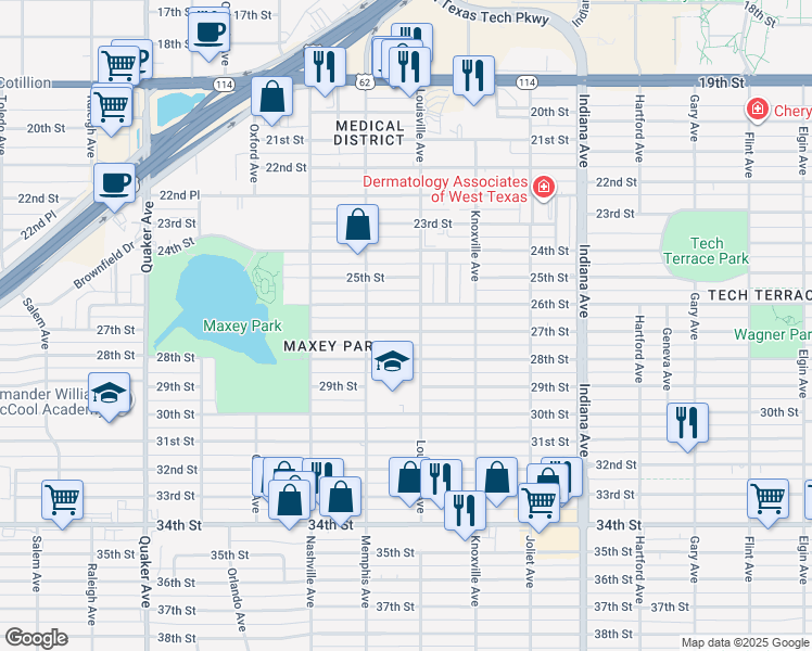 map of restaurants, bars, coffee shops, grocery stores, and more near 3706 27th Street in Lubbock
