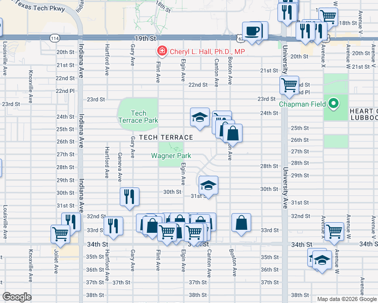 map of restaurants, bars, coffee shops, grocery stores, and more near 2822 27th Street in Lubbock