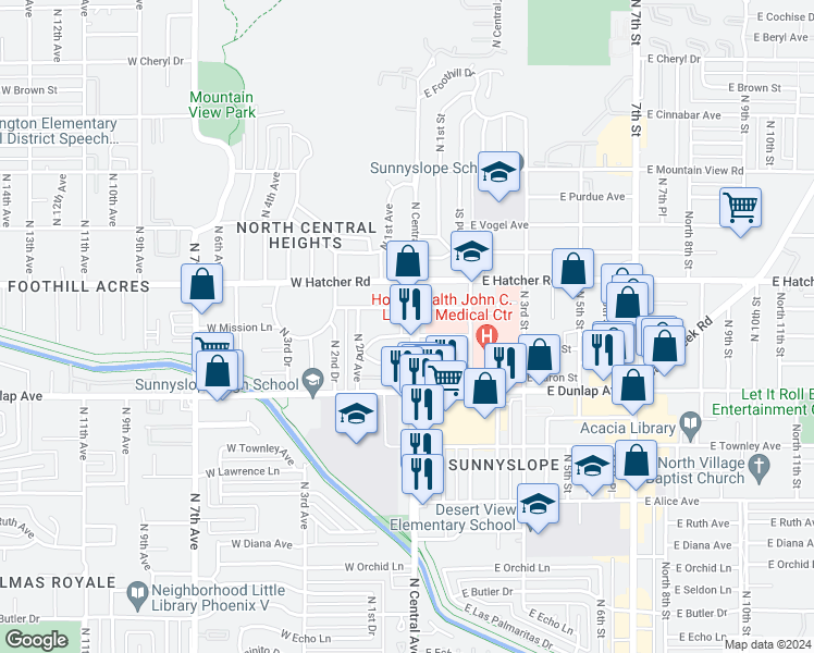 map of restaurants, bars, coffee shops, grocery stores, and more near 9200 North Central Avenue in Phoenix