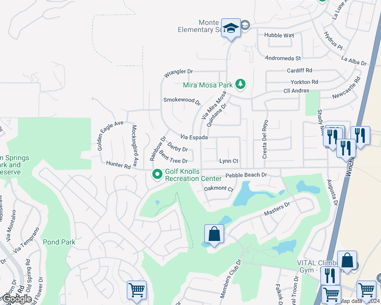 map of restaurants, bars, coffee shops, grocery stores, and more near 29229 Derby Drive in Murrieta