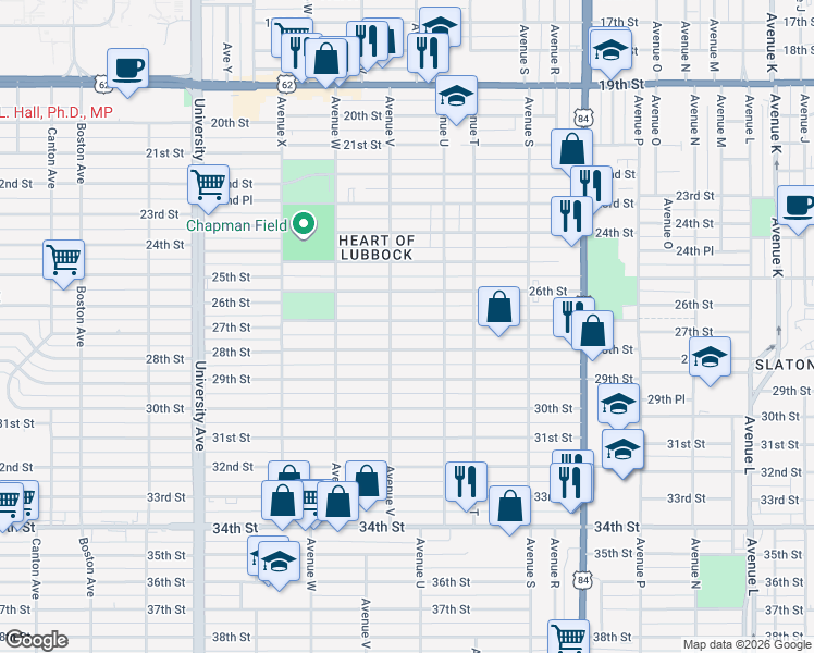 map of restaurants, bars, coffee shops, grocery stores, and more near 2117 27th Street in Lubbock