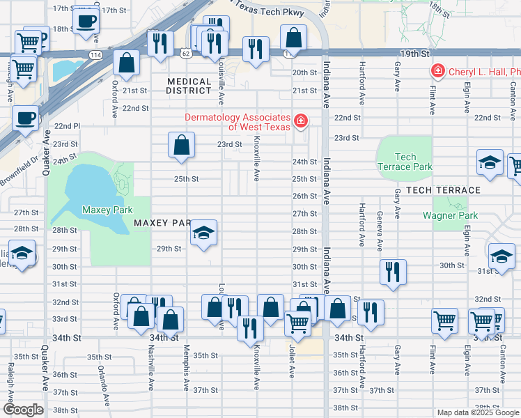 map of restaurants, bars, coffee shops, grocery stores, and more near 3520 27th Street in Lubbock