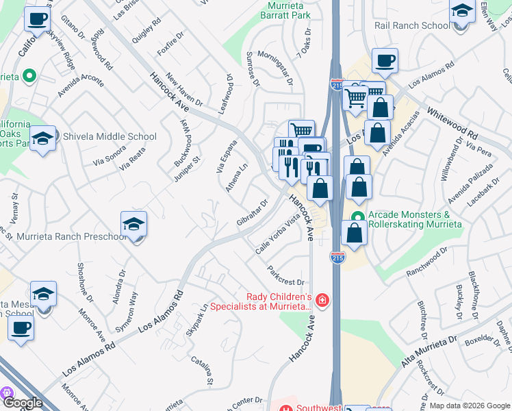 map of restaurants, bars, coffee shops, grocery stores, and more near 40027 Gibraltar Drive in Murrieta