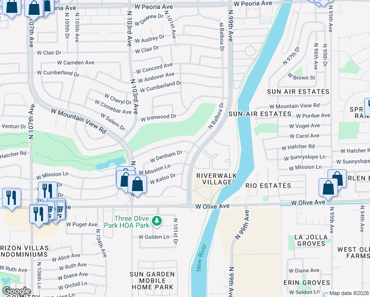 map of restaurants, bars, coffee shops, grocery stores, and more near 9922 West Denham Drive in Sun City