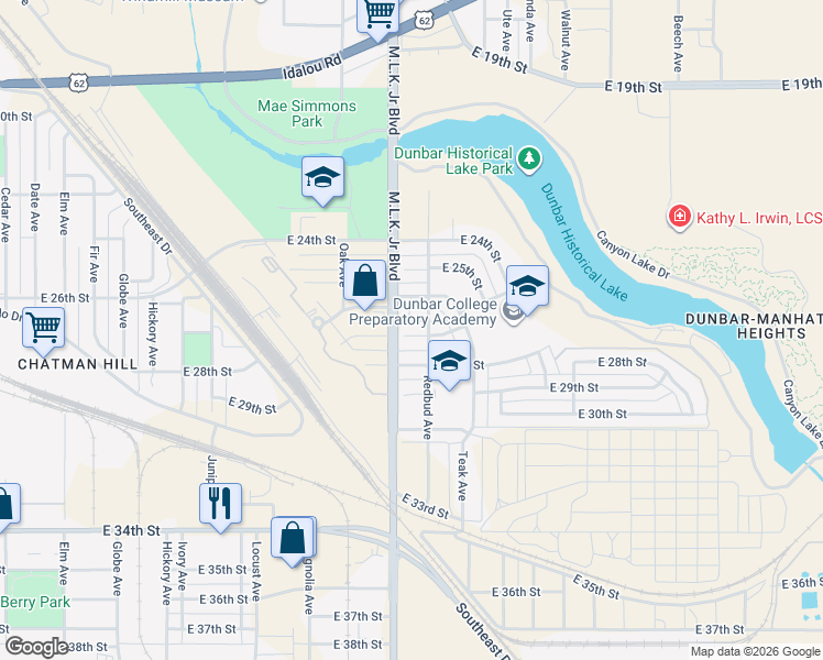 map of restaurants, bars, coffee shops, grocery stores, and more near 1801 East 27th Street in Lubbock