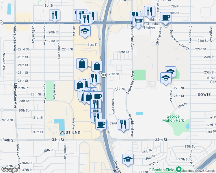 map of restaurants, bars, coffee shops, grocery stores, and more near 5806 27th Street in Lubbock