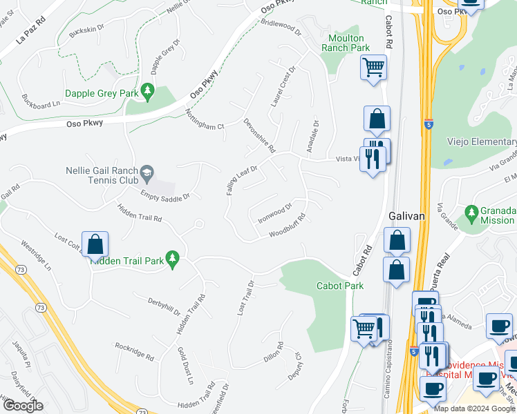 map of restaurants, bars, coffee shops, grocery stores, and more near 25642 Raintree Road in Laguna Hills
