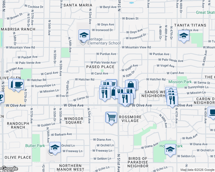 map of restaurants, bars, coffee shops, grocery stores, and more near 9210 North 51st Drive in Glendale