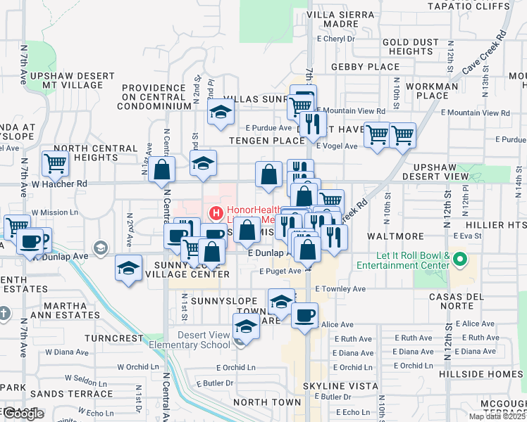 map of restaurants, bars, coffee shops, grocery stores, and more near 350 East Eva Street in Phoenix
