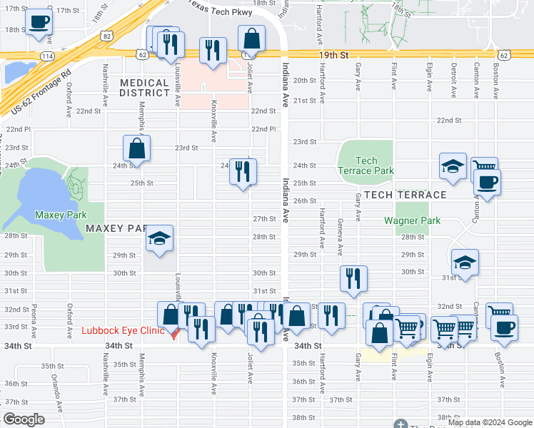 map of restaurants, bars, coffee shops, grocery stores, and more near 3412 27th Street in Lubbock