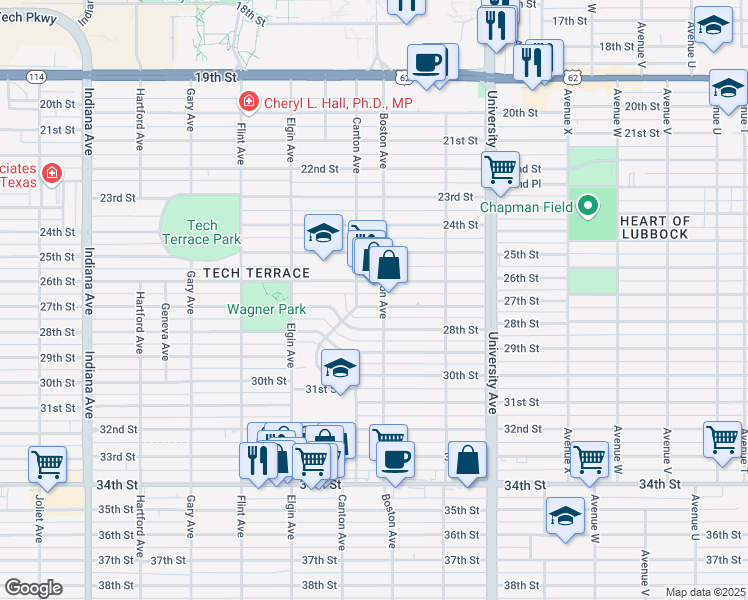 map of restaurants, bars, coffee shops, grocery stores, and more near 2704 27th Street in Lubbock