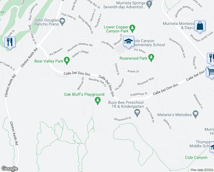 map of restaurants, bars, coffee shops, grocery stores, and more near 23552 Bending Oak Court in Murrieta