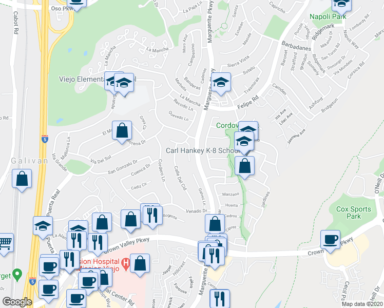 map of restaurants, bars, coffee shops, grocery stores, and more near 27048 Santa Susana Circle in Mission Viejo