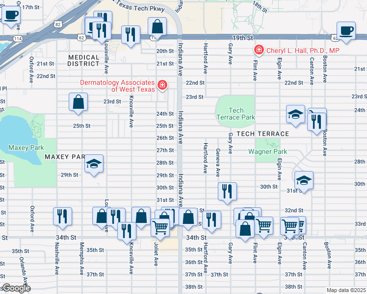 map of restaurants, bars, coffee shops, grocery stores, and more near 3320 27th Street in Lubbock