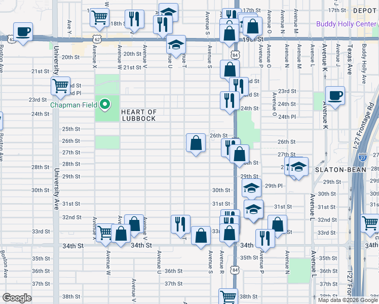 map of restaurants, bars, coffee shops, grocery stores, and more near 1921 27th Street in Lubbock