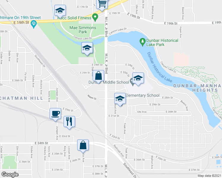 map of restaurants, bars, coffee shops, grocery stores, and more near 1801 East 27th Street in Lubbock