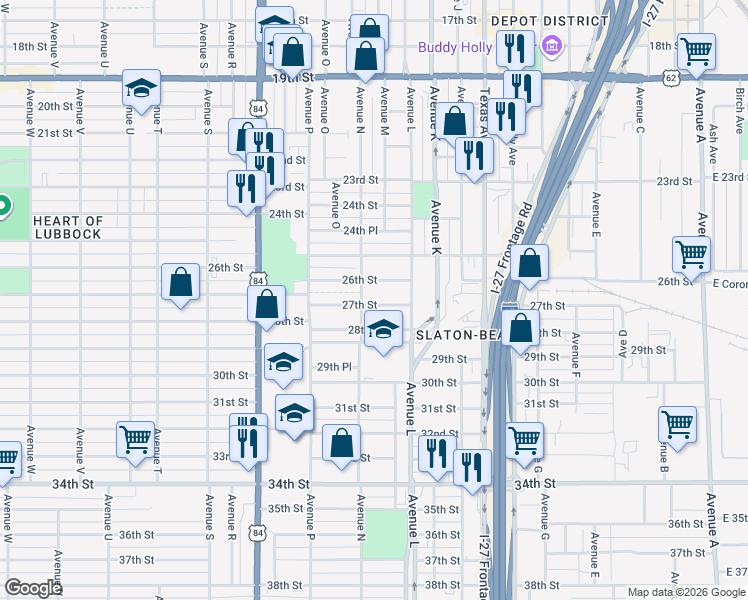 map of restaurants, bars, coffee shops, grocery stores, and more near 1316 27th Street in Lubbock