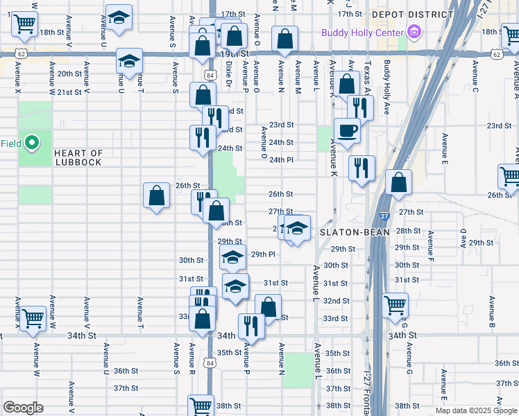 map of restaurants, bars, coffee shops, grocery stores, and more near 1524 27th Street in Lubbock
