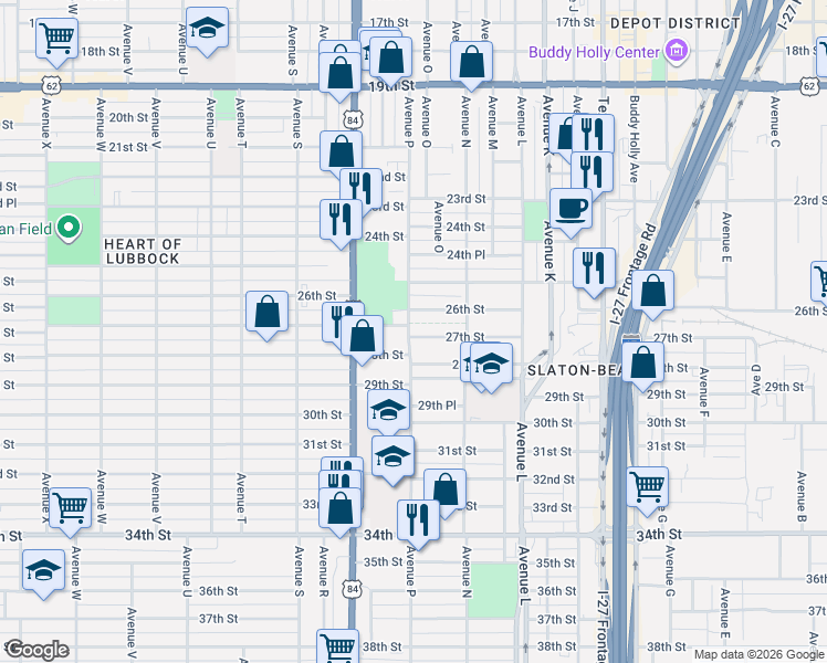 map of restaurants, bars, coffee shops, grocery stores, and more near 1524 27th Street in Lubbock