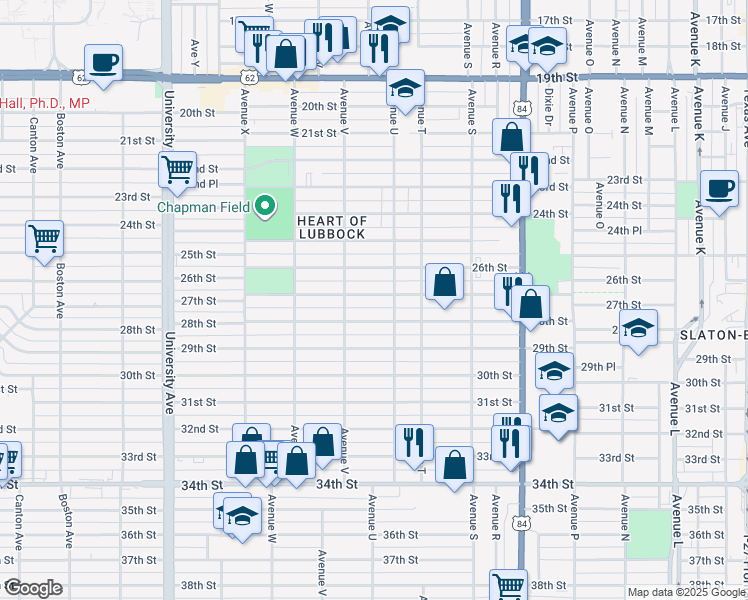 map of restaurants, bars, coffee shops, grocery stores, and more near 2113 27th Street in Lubbock