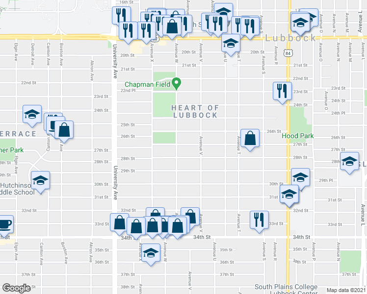 map of restaurants, bars, coffee shops, grocery stores, and more near 2223 27th Street in Lubbock
