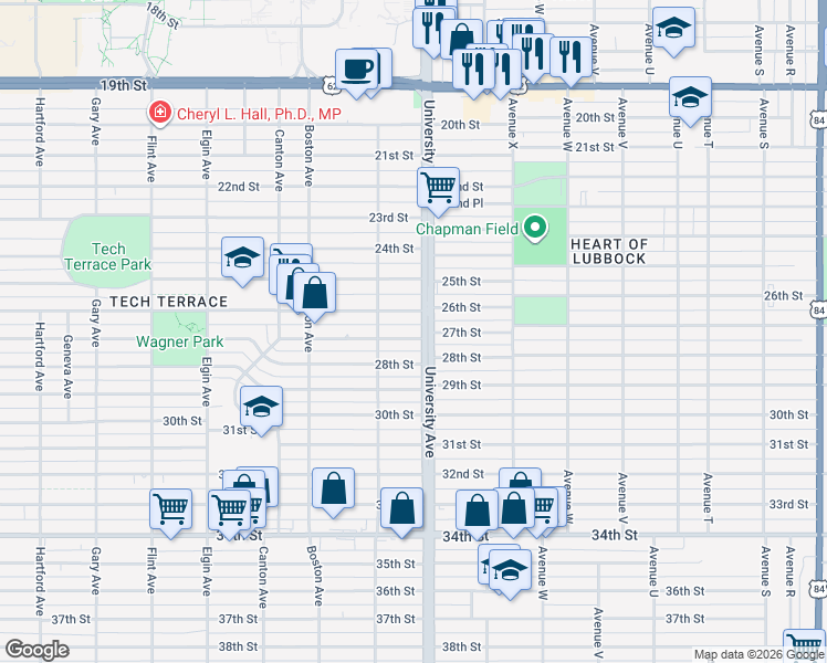 map of restaurants, bars, coffee shops, grocery stores, and more near 2504 27th Street in Lubbock