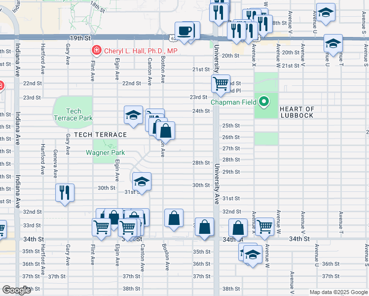 map of restaurants, bars, coffee shops, grocery stores, and more near 2618 27th Street in Lubbock