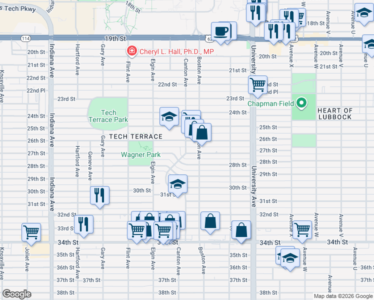 map of restaurants, bars, coffee shops, grocery stores, and more near 2704 27th Street in Lubbock