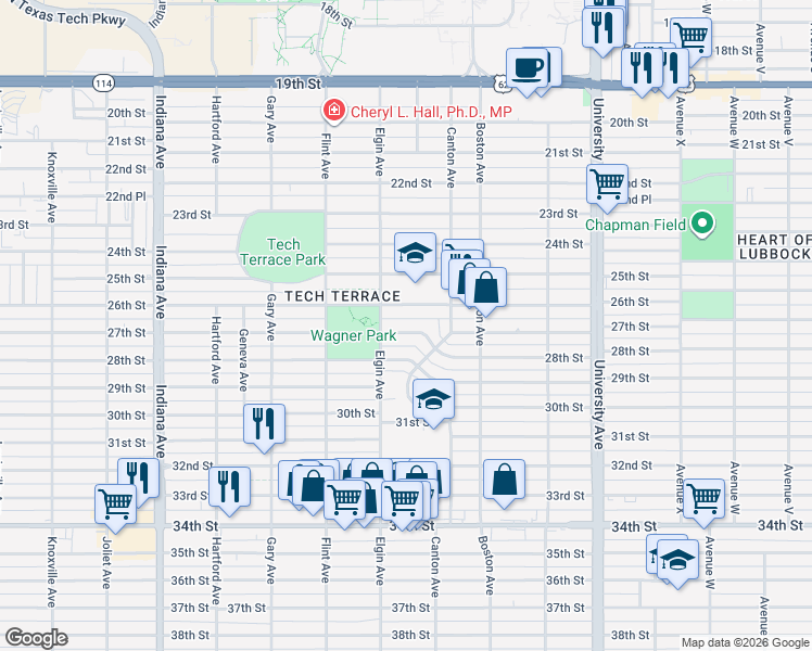 map of restaurants, bars, coffee shops, grocery stores, and more near 2822 27th Street in Lubbock
