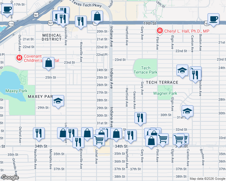 map of restaurants, bars, coffee shops, grocery stores, and more near 3320 27th Street in Lubbock