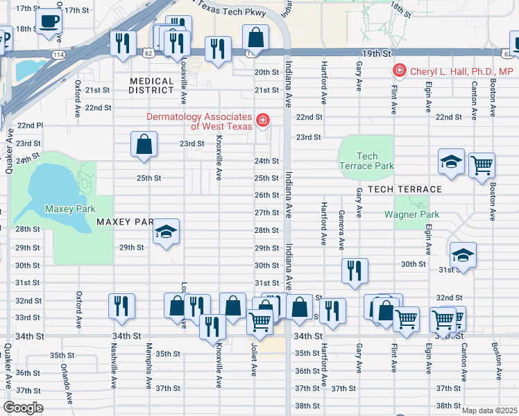 map of restaurants, bars, coffee shops, grocery stores, and more near 3412 27th Street in Lubbock