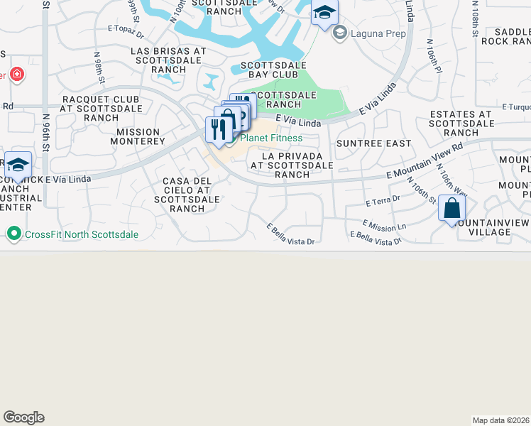 map of restaurants, bars, coffee shops, grocery stores, and more near 10170 East Bella Vista Drive in Scottsdale