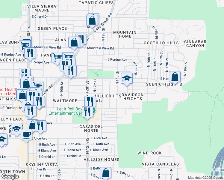 map of restaurants, bars, coffee shops, grocery stores, and more near 9215 North 13th Place in Phoenix