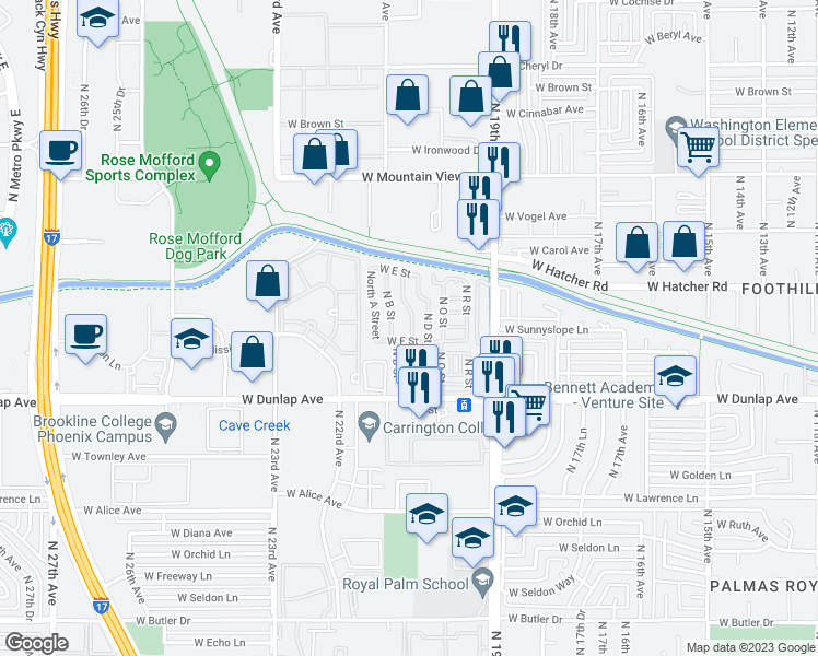 map of restaurants, bars, coffee shops, grocery stores, and more near 2050 West Dunlap Avenue in Phoenix