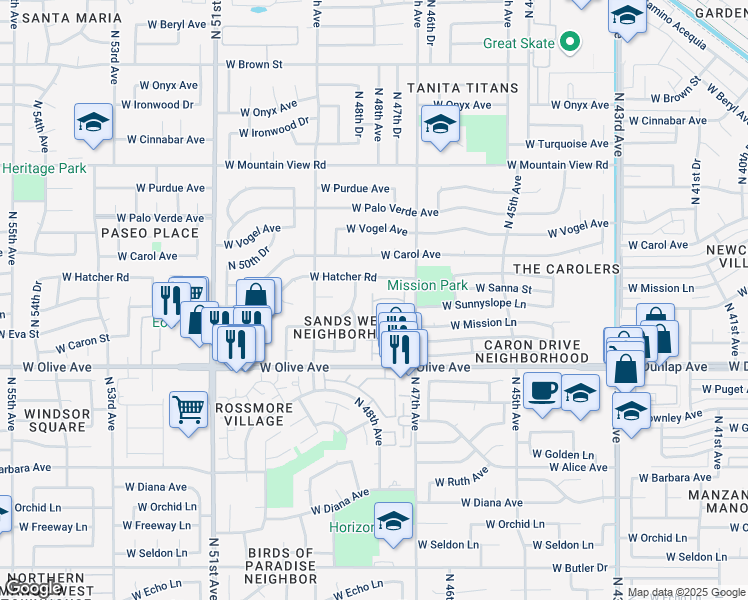 map of restaurants, bars, coffee shops, grocery stores, and more near 9221 North 48th Drive in Glendale