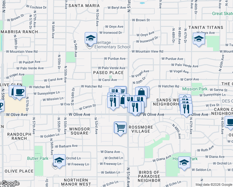 map of restaurants, bars, coffee shops, grocery stores, and more near 9210 North 51st Drive in Glendale