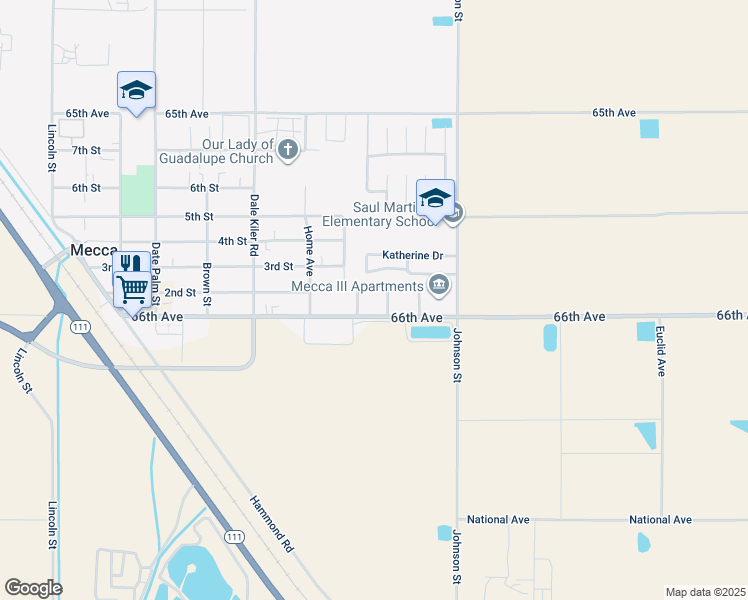 map of restaurants, bars, coffee shops, grocery stores, and more near 91770 66th Avenue in Mecca