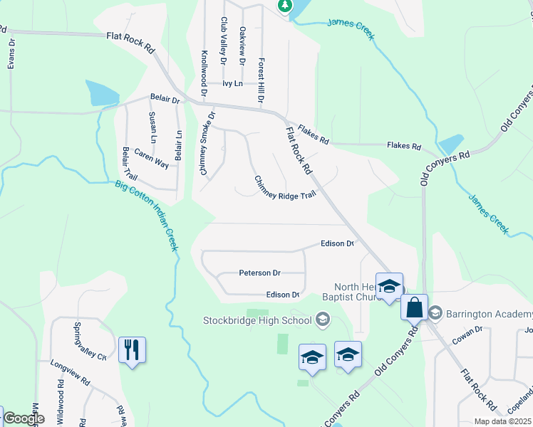 map of restaurants, bars, coffee shops, grocery stores, and more near 100 Hickory Drive in Stockbridge