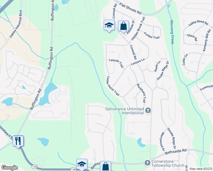 map of restaurants, bars, coffee shops, grocery stores, and more near 6525 Cedar Hurst Trail in Atlanta