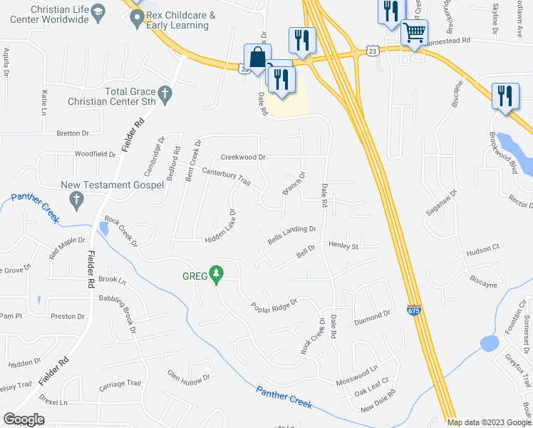 map of restaurants, bars, coffee shops, grocery stores, and more near 6759 Doublegate Lane in Rex
