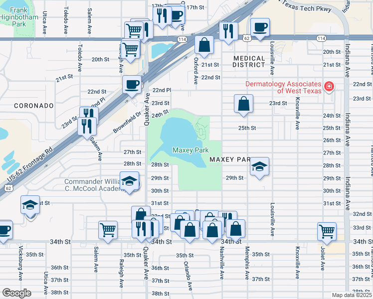map of restaurants, bars, coffee shops, grocery stores, and more near 2401 Quaker Avenue in Lubbock