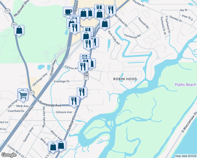 map of restaurants, bars, coffee shops, grocery stores, and more near 336 Sea Marsh Road in Murrells Inlet