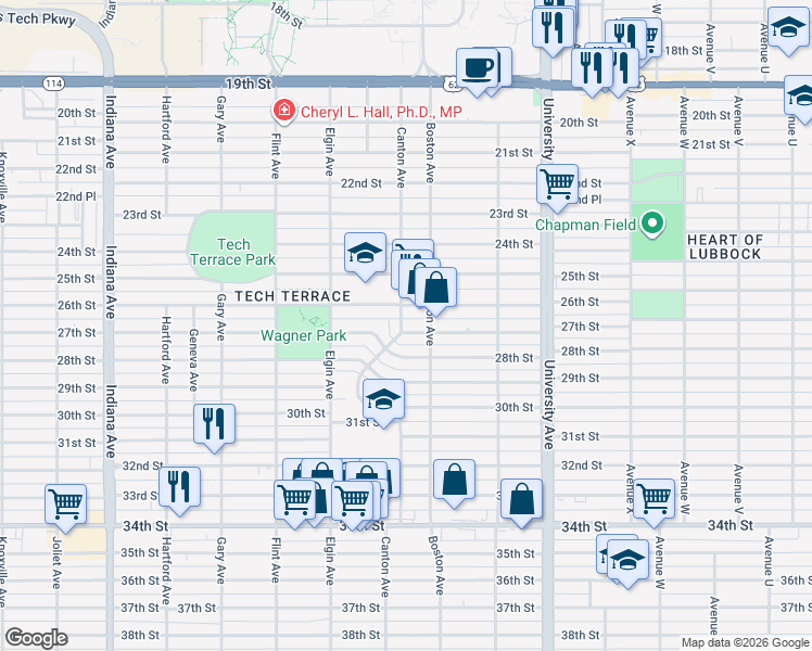 map of restaurants, bars, coffee shops, grocery stores, and more near 2704 27th Street in Lubbock