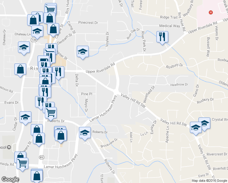 map of restaurants, bars, coffee shops, grocery stores, and more near 420 Valley Hill Road Southwest in Riverdale