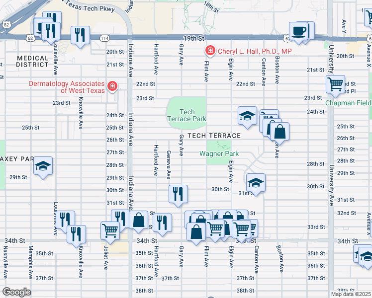 map of restaurants, bars, coffee shops, grocery stores, and more near 3118 27th St in Lubbock